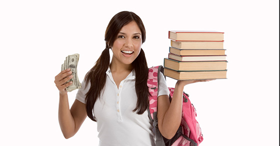 Female college student with cash and books